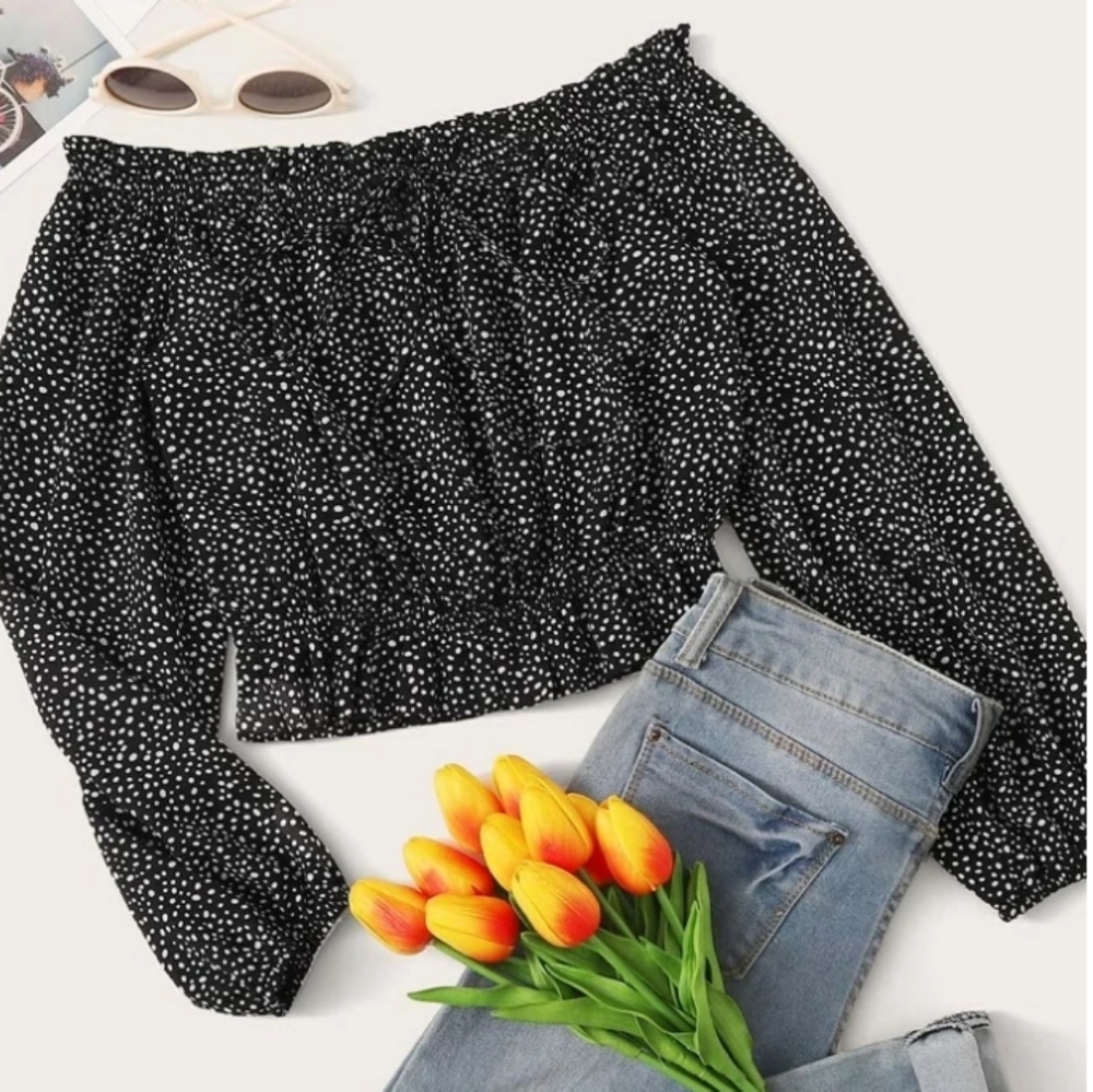 NEW Allover Print Frill Trim Bardot Blouse